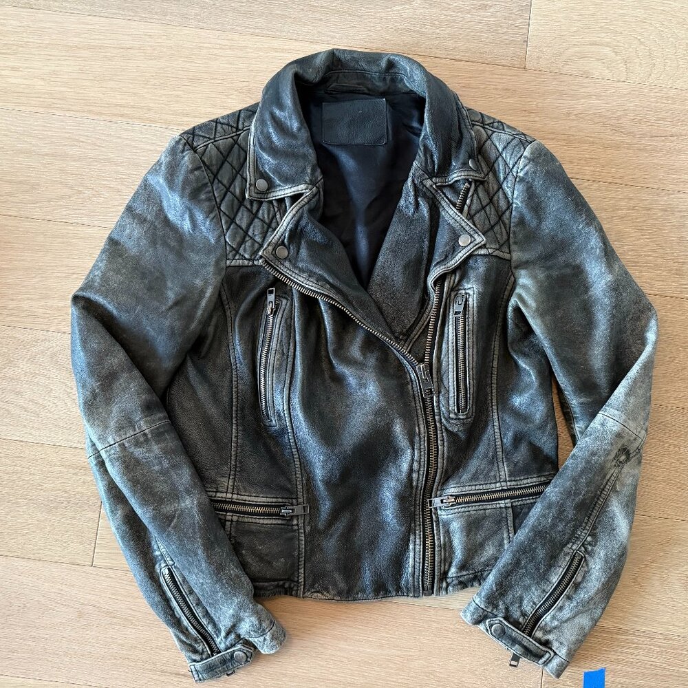All Saints Distressed Black Leather Biker Jacket